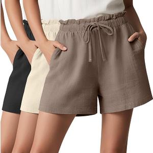 Neer 3 Pack Women's Linen Bermuda Shorts Summer Wide Leg Cotton Casual High Waist Drawstring Mid Length Shorts with Pockets, Black,Dark Khaki, Cream L