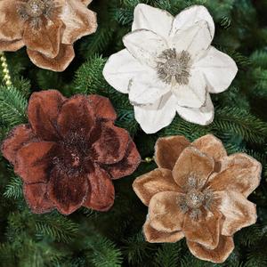Mindsoft 20pcs Christmas Magnolia Flowers Velvet Poinsettia Artificial Flowers Glitter Christmas Tree Ornaments 6.4" for Xmas New Year Wedding Party Holiday Decoration(Beige, Light Brown, Dark Brown)