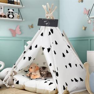 Luxury Pet Teepee Tent for Dogs, Cats & Rabbits Washable Pet House with Removable Cushion & Interactive Blackboard for Puppy Indoor Dog Cat Bed