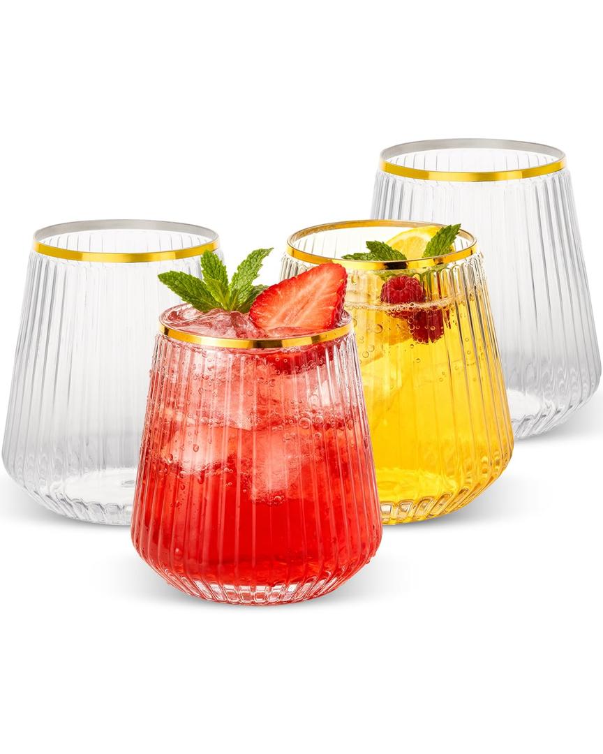 Goodluck 120 Pack 12oz Stemless Ribbed Plastic Wine Glasses Gold Rim