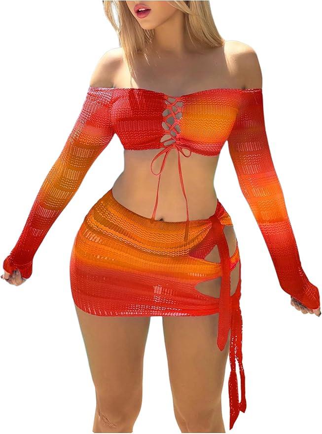 SOLY HUX Women's 3 Piece Bathing Suit Gradient Off Shoulder Long Sleeve Swimsuit Bikini Sets with Beach Skirt XL
