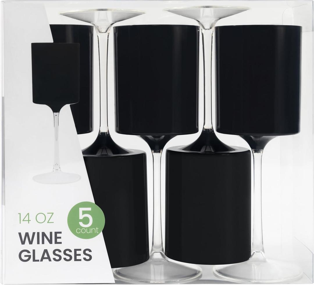 PLASTICPRO 10 Pack Plastic Wine Goblets 14 Oz Two Tone Elegant Disposable Wine Glasses with Stem Reusable Hard Plastic Drinking Glasses for Parties Weddings, Black and Clear
