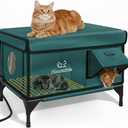 Indestructible Heated Cat House for Outside Winter, 100% Waterproof, Safe Escape Door, Insulated Outdoor Cat Shelter with Heater for Feral Barn Cat Kitty (Forest Green, 27"x17"x18")