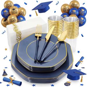 KIRE 140Pcs Blue Plastic Plates with Gold Rim - Gold Disposable Plastic Silverware with Blue Handle&Clear Cups&Hand Napkin - Geometric Party Plates for Memorial Day/Party/Graduation