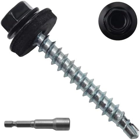 JEGONFRI 250pcs #10 x 1-1/2" Black Hex Head Self-Drilling Metal Roofing Screws, EPDM Washer, Colored Head, Sheet Metal Roof Screw with Hex Driver Bit