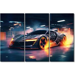 TUMOVO Sports Car Wall Art for Men Boys Bedroom Concept Car Canvas Painting Supercar Large Wall Art for Living Room Contemporary Home Decor 3 Panels Stretched on Wooden Frame, 60L x 40W