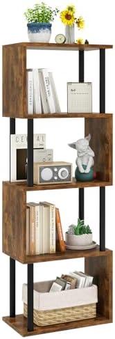 IBUYKE 5-Tier Tall Bookshelf,S-Shaped Geometric Bookcase, Wood Display Shelves with Storage,Industrial Bookshelf for Living Room Bedroom, Home Office, Rustic Brown WBC015H