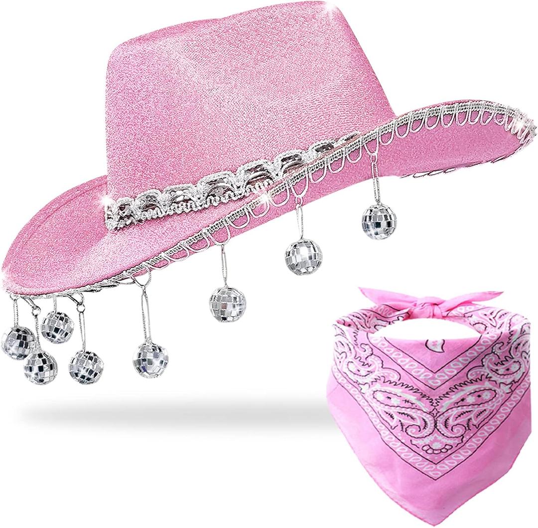 Pink Disco Cowgirl Hat with Bandana,Glitter Rhinestone Disco Ball Cowboy Hat for Women Men Costume Cosplay