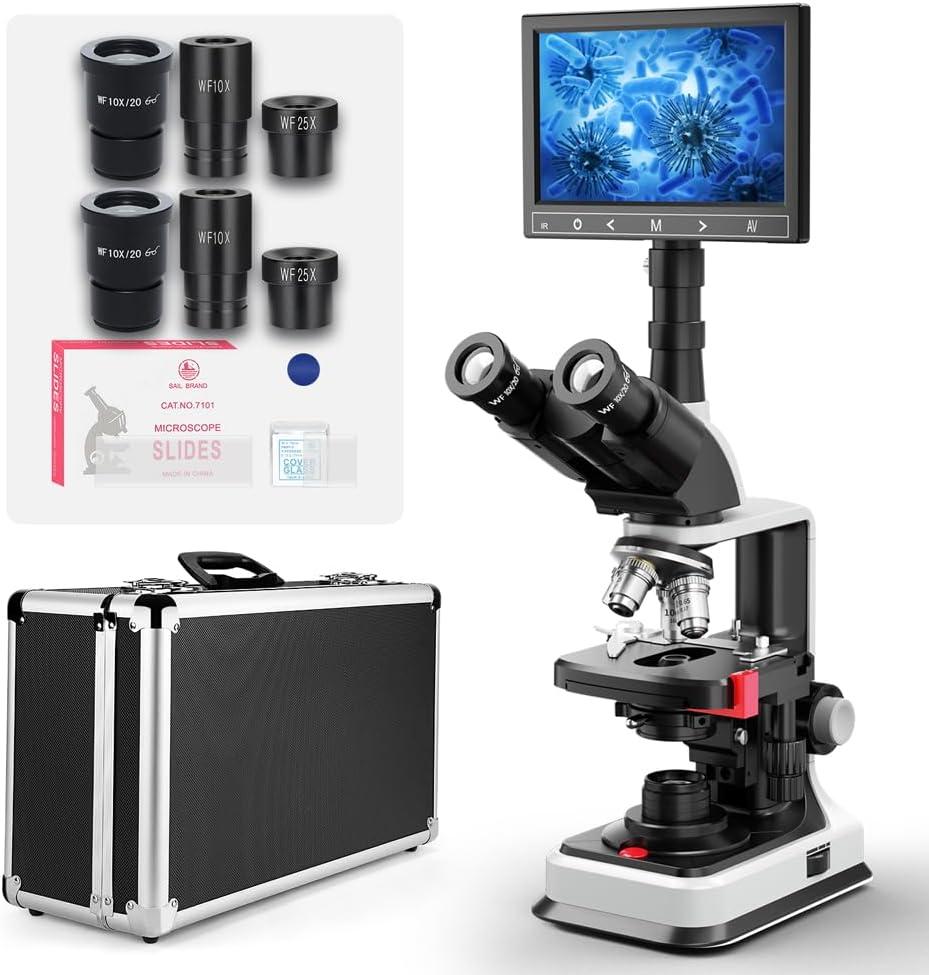 Constant Temperature Lab Monocular Compound Microscope 40X-2500X Magnification with 7" LCD Screen 5MP E-Eyepiece, Adjustable Thermostat Mechanical Stage for Husbandry, Pet Hospitals,Farms
