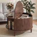 DUMOS Coffee Table, Round Coffee Tables with Storage, Fluted Center Table for Living Room, 31.69" Mid Century Modern Table with Sliding Cabinet Door, 2-Tier Rustic Wood Desktop, Brown