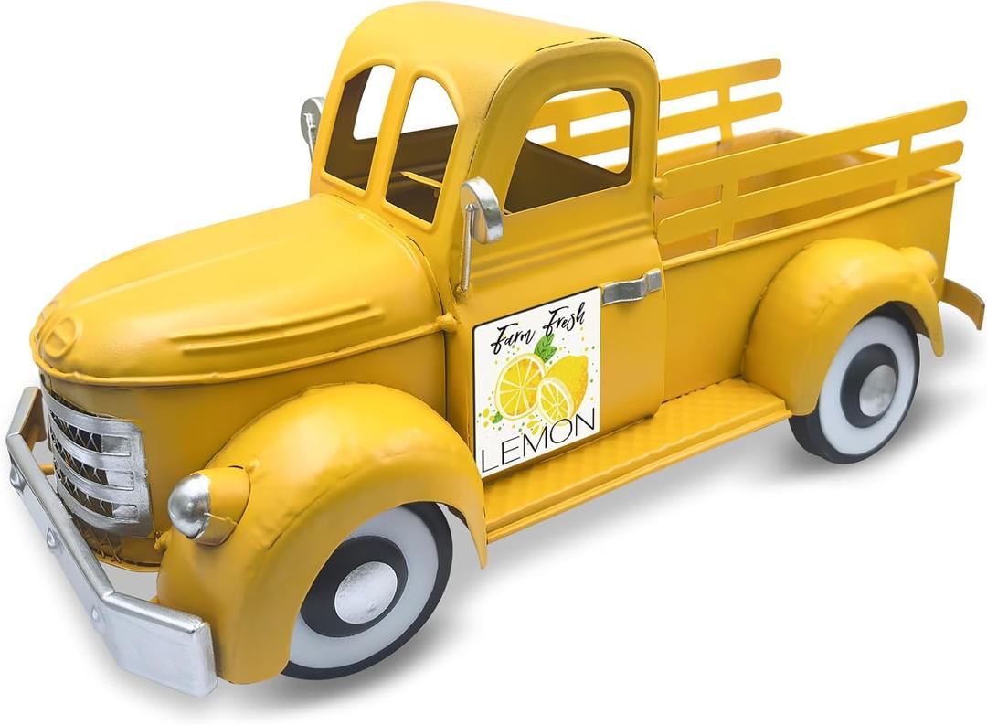 Farmhouse Lemon Decor 13.4 Inch Large Vintage Truck with 20 Magnets Interchangeable Seasonal Decor Rustic Metal Pickup Spring Summer Lemon Centerpieces for Tables Home Lemonade Party, Yellow