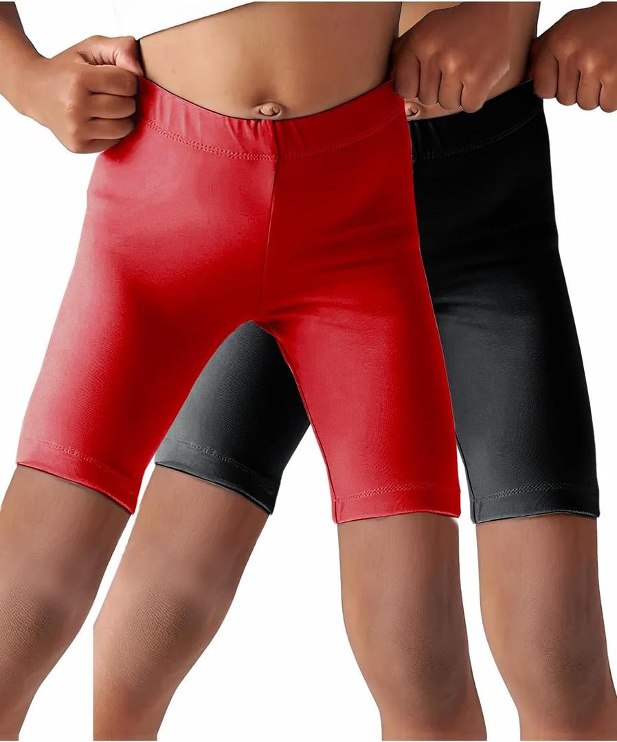 CharmWM Girls Bike Shorts Kids High Waisted Under Dress Dance Short Leggings 2 Pack, Black & Red, 7-8 Years