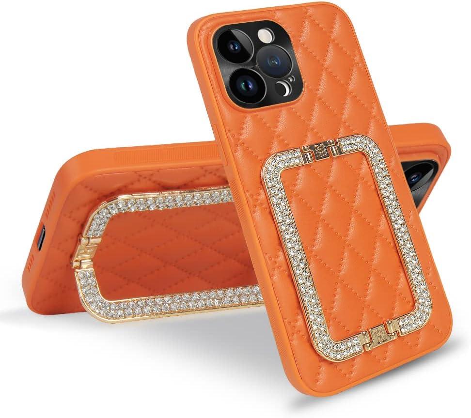 Luxury Compatible with iPhone 14 Pro Max Case with Glitter Diamond Stand, Soft Quilted Leather Design for Women & Girls 6.7" (Orange)