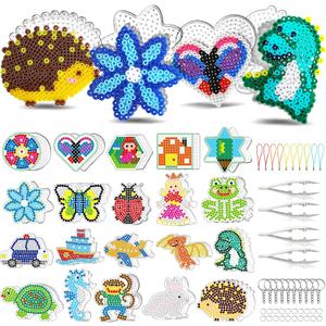 FUNZBO 20 pcs Pegboards for 5mm Fuse Beads Project- Animal Shape Pegboards for Arts and Crafts with Keychains, Hang Ropes and Tweezers, Gifts for Boys and Girls (Beads Not Included)