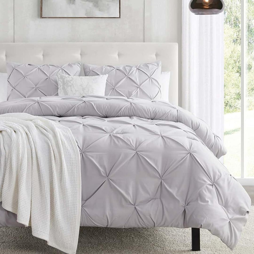 Nestl Grey Lavender Duvet Cover Full Size - Soft Double Brushed Duvet Set with Button Closure & Corner Ties, 3 Piece Luxurious Pinch Pleated Duvet Cover Set 80x90 Inches with 2 Pillow Shams