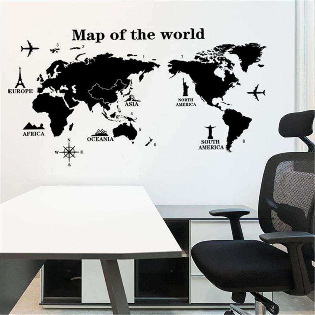 Map of The World Wall Decals English Black International Map Wall Stickers Peel and Stick Removable PVC Wall Decor Kids Bedroom Living Room Nursery Classroom Study Room Office Wall Art Murals