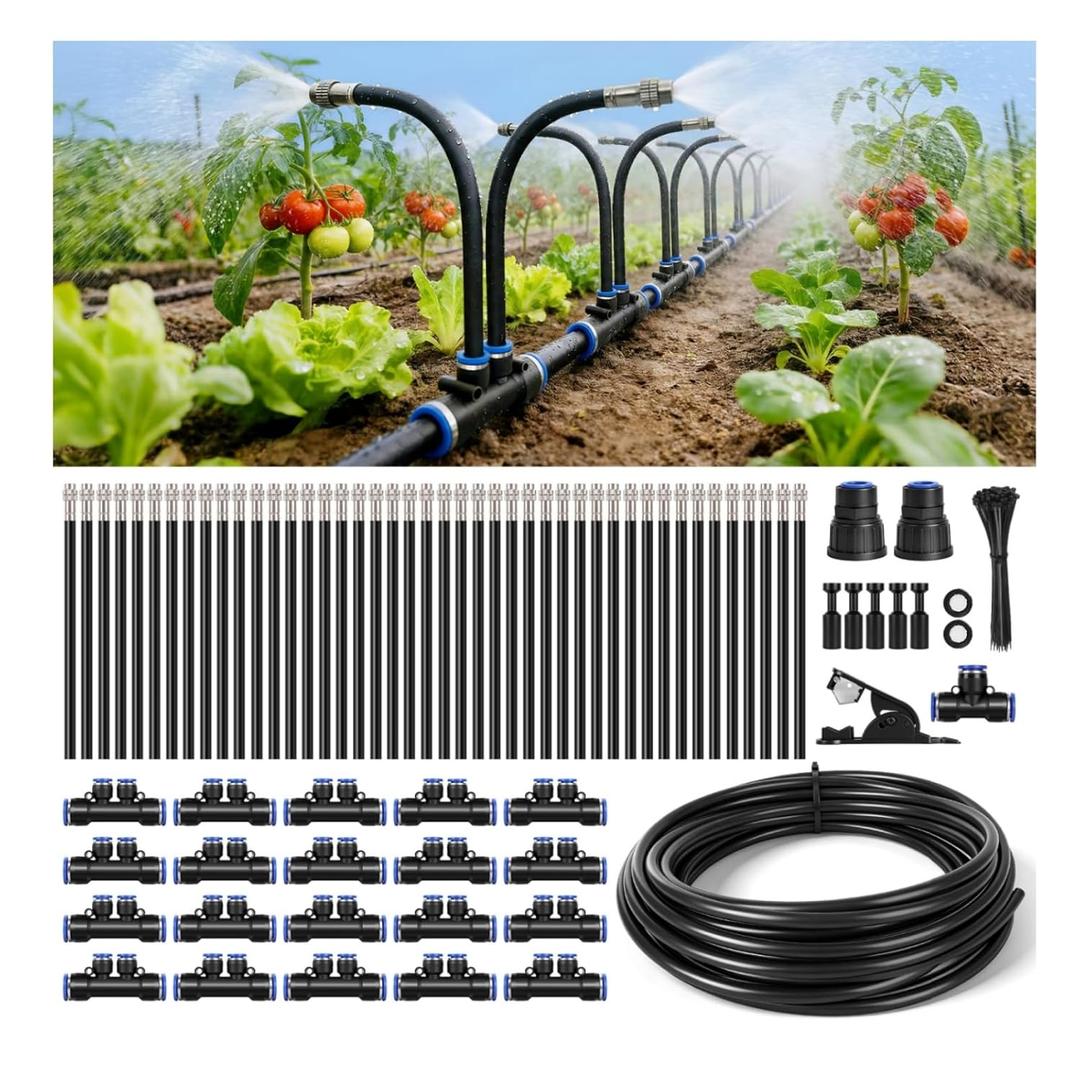 75Ft 1/2" Tubing High-Flow Drip Irrigation System, 360 Adjustable Garden Watering System with 40 Nozzles, Dual-Side Watering Kit for Raised Beds, Greenhouses & Efficient Plant Irrigation