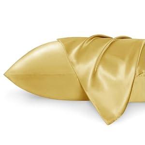 Bedsure Satin Pillowcase Standard Set of 2 - Yellow Silky Pillow Cases for Hair and Skin 20x26 Inches, Pillow Covers with Envelope Closure, Gifts for Women Men