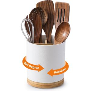 LoeJan 3 Compartment Utensil Holder, Extra Large Utensil Crock, Stable Ceramic Utensil Organizer, Cooking Tool Organizer Set for Kitchen Counter Farmhouse Decor, Textured White