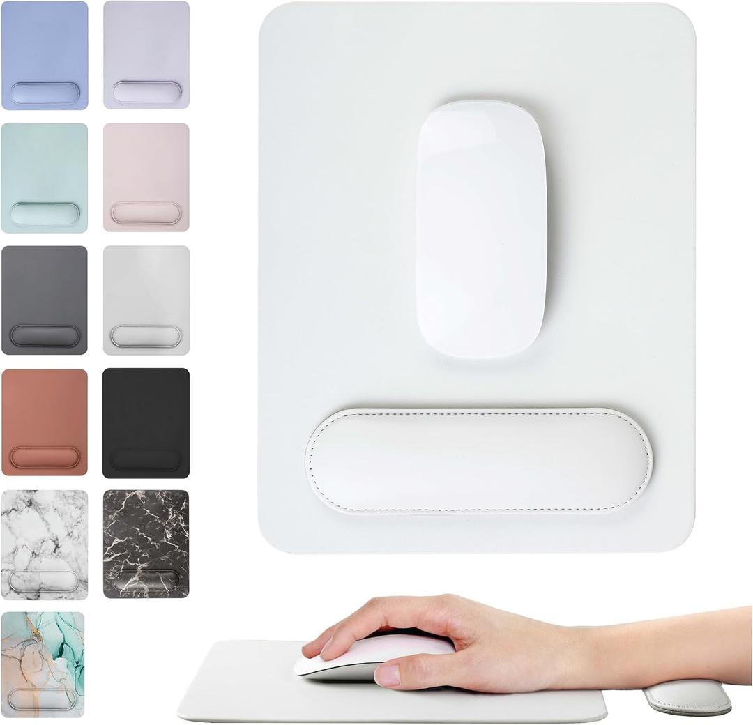 HABITU Vegan Leather White Mouse Pad with Removable Magnetic Wrist Support & Anti-Slip Base, Ergonomic Mouse Pad with Wrist Rest, Cute Office Desk Accessories for Women and Men, 9.49"L x 7.48"W
