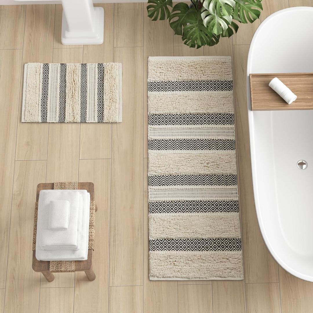 INK+IVY Bath Rug Hand-Woven Texture Shaggy Striped Soft & Water Absorbent, Boho Bathroom Dcor Bath-Mats, Non-Slip Absorbent Quick Dry Mats for Tub, Shower Room, Asher, 22x58, Black 1 Piece