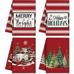 Preboun 4 Pcs Large Christmas Kitchen Towels Set 26 x 17 Christmas Dishcloths Hand Towels Xmas Kitchen Bathroom Decor Merry Bright Decorative Tea Dish Towel for Xmas Gift Holiday Decoration(Red)