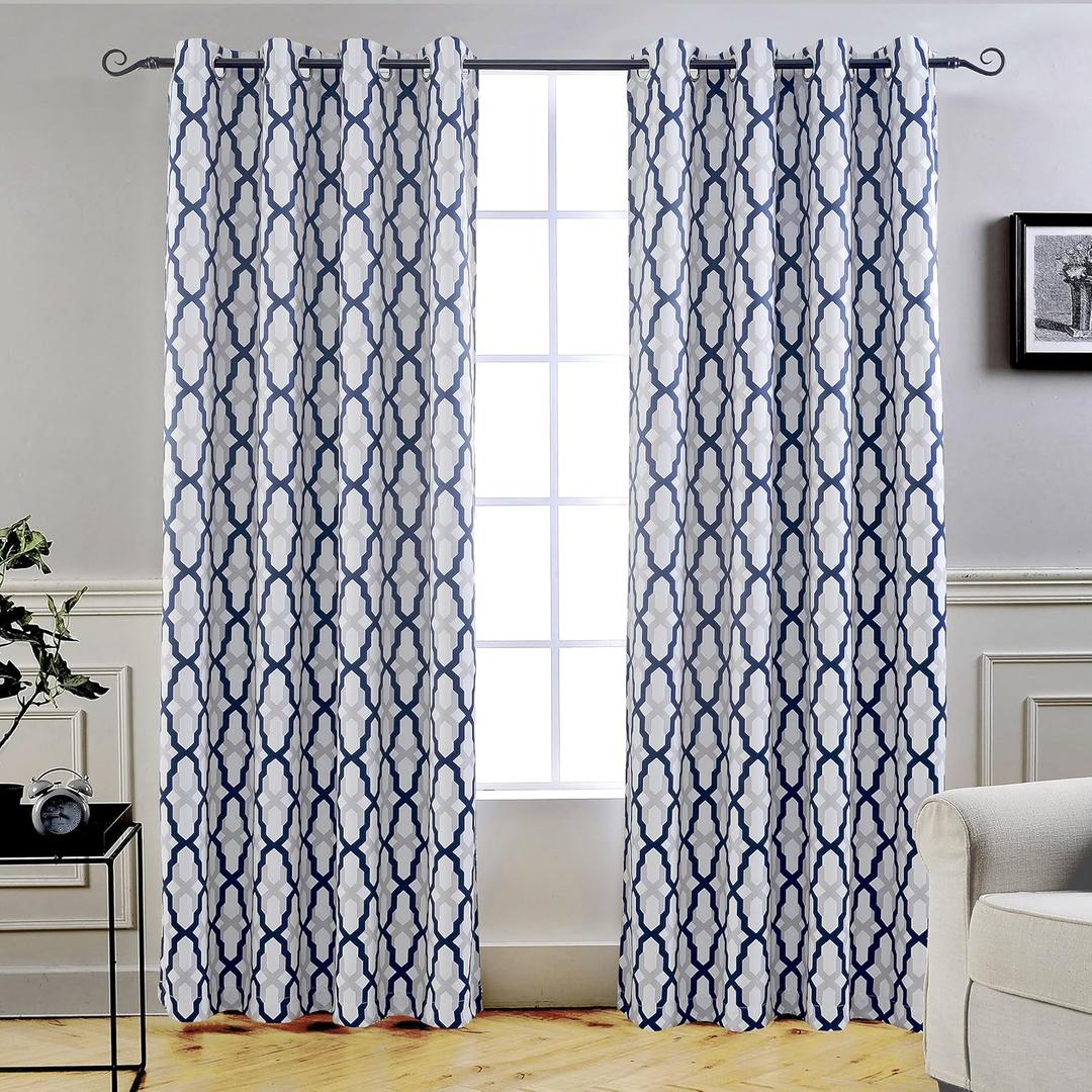 DriftAway Mason Thermal Blackout Grommet Window Curtains Geometric Trellis Pattern 2 Panels Each 52 Inch by 84 Inch Navy