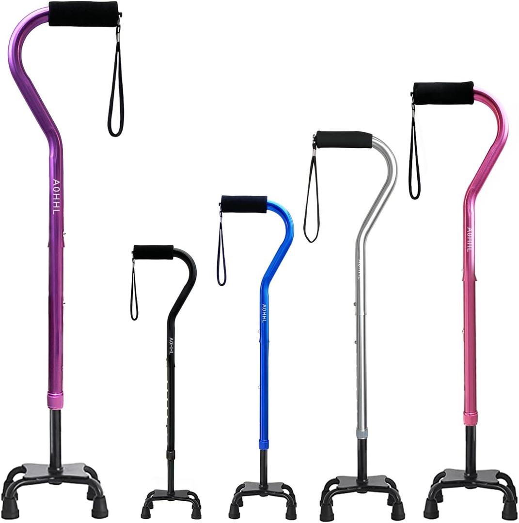 AOHHL Quad Walking Cane Foldable Adjustable Portable Stick Men & Women and Seniors - Lightweight & Sturdy with 4-Pronged Base for Extra Stability Balance,Self Standing Gifts for mom Dad (Purple) 3 Pcs
