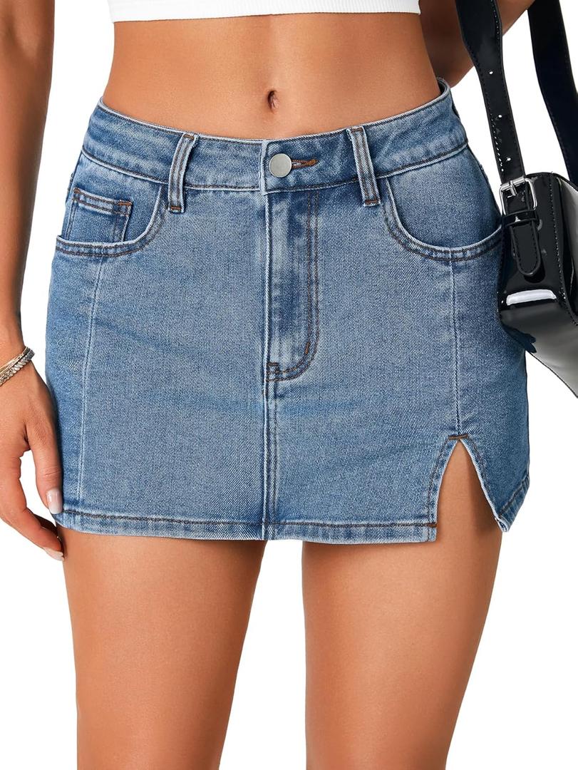 Rooscier Women's High Waist Mini Denim Jean Skorts Button Zipper Side Slit Summer Skirt M