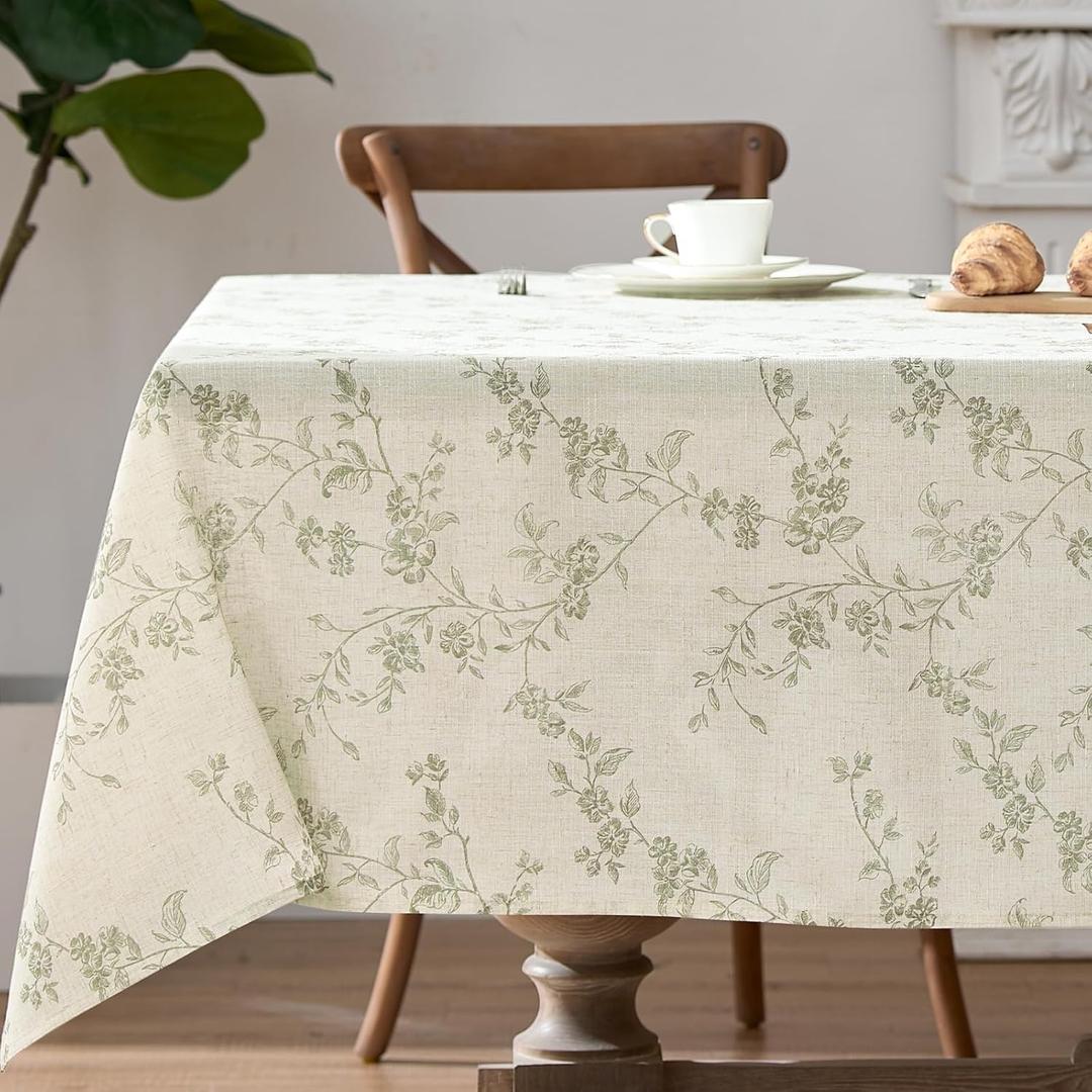 jinchan Rectangle Tablecloth - 52 x 70 Inch - Beige Linen Table Cloth - Farmhouse Floral Print Washable Table Cover for Restaurant Picnic Indoor and Outdoor Dining Rustic Home Decor Green on Flax