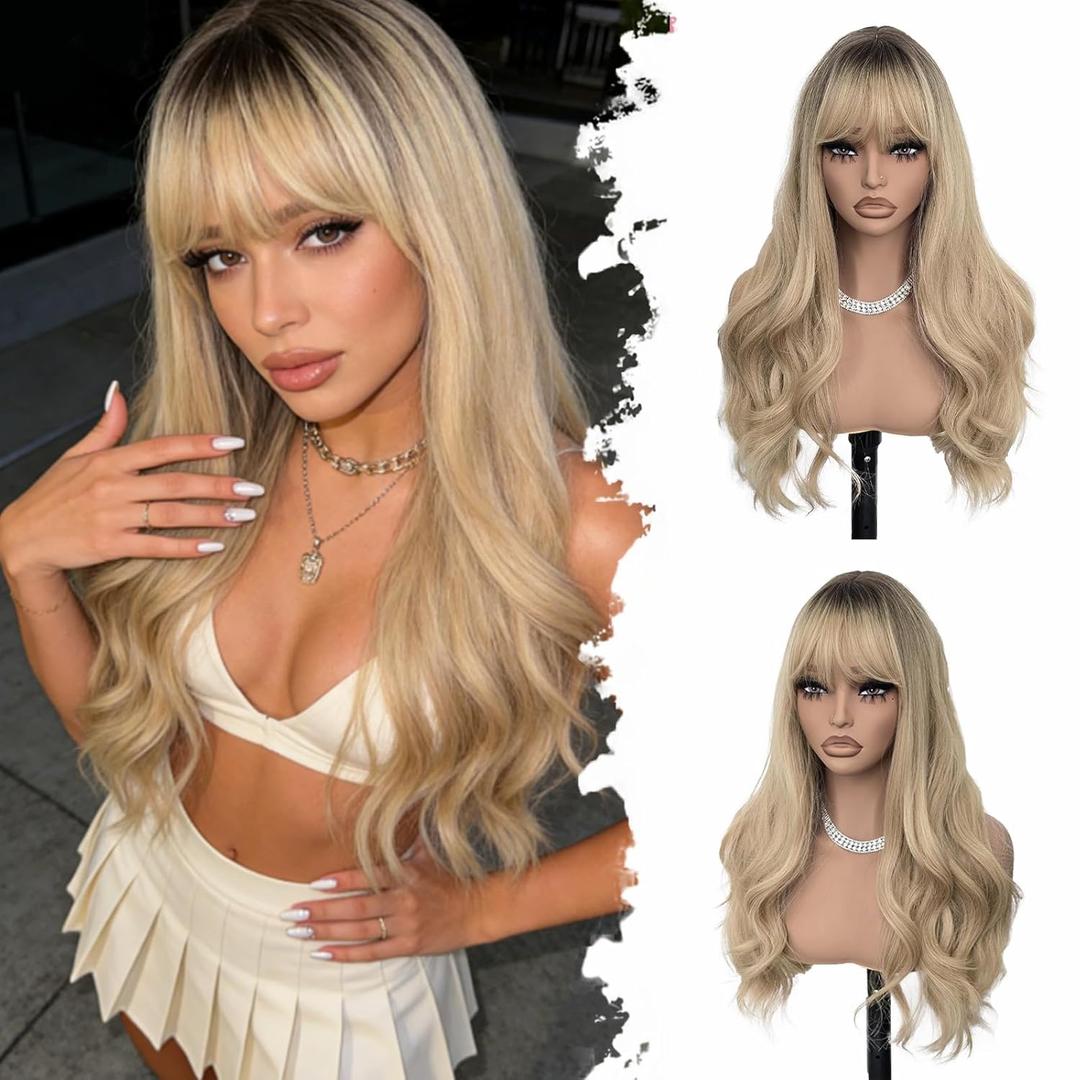 Long Blonde Wig with Bangs Long Wigs for Women Blonde Wigs Synthetic Wig Wavy 26 Inch Ombre Blonde Wig with Dark Roots Realistic Wig Natural Hair Replacement Wigs for Holiday Daliy Party Use