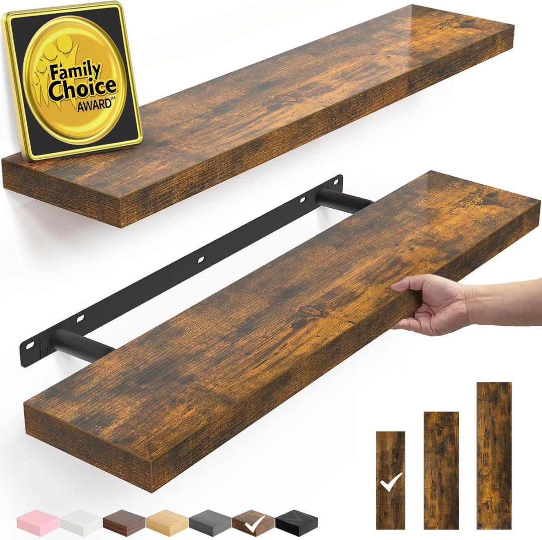 BAYKA Floating Shelves Set of 2, 22.5 inches Farmhouse Rustic Wood Wall Mounted Shelves for Bathroom, Bedroom, Living Room or Kitchen, Hanging Shelf Decor Book with 22lbs Capacity, Rustic Brown