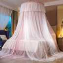 VETHIN Bed Canopy Princess for Girls,Bed Canopy Curtain Double Layer Sheer Mesh Dome Bed Curtain- Round Lace Princess Mosquito Net Tent for Twin Full Queen King Bed(Pink/White)