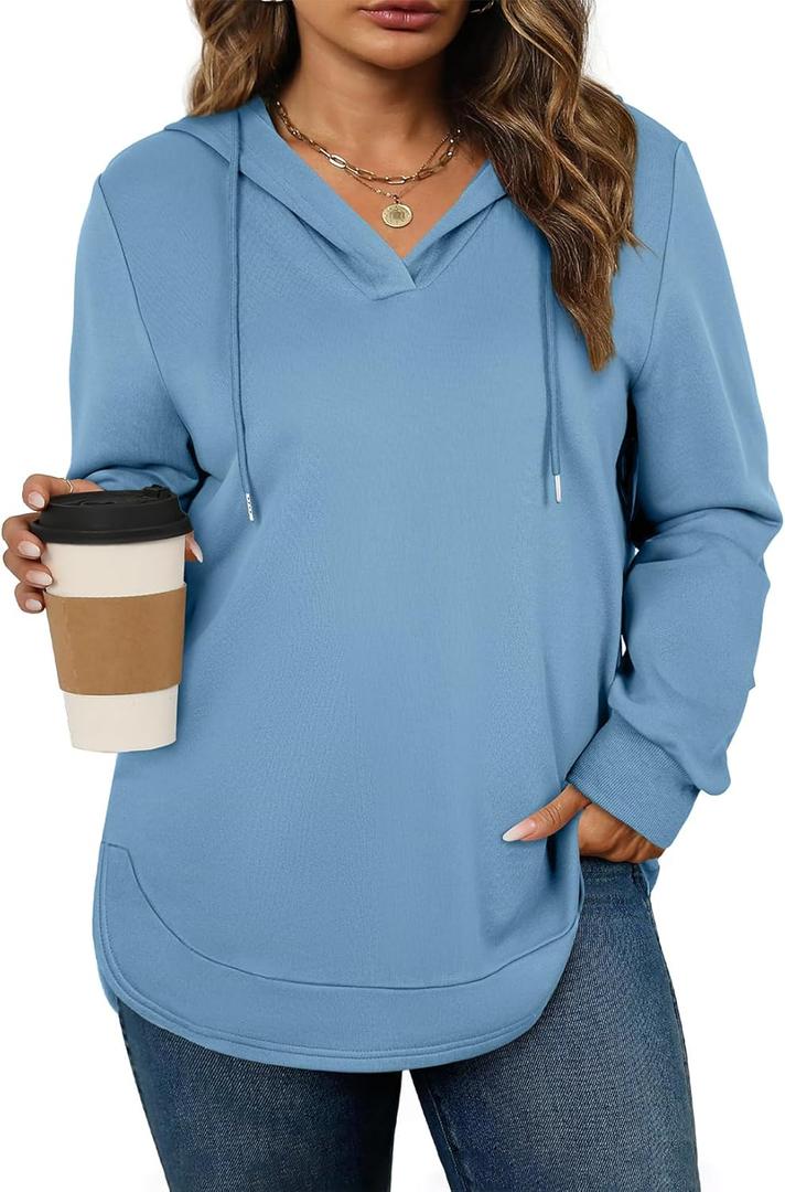 AlvaQ Womens Plus Size Sweatshirts Casual Long Sleeve V Neck Drawstring Hoodies Tops (Blue, XL)