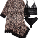 WDIRARA Women' Silk Satin Pajamas Set 4pcs Lingerie Floral Lace Cami Sleepwear with Robe,Size M
