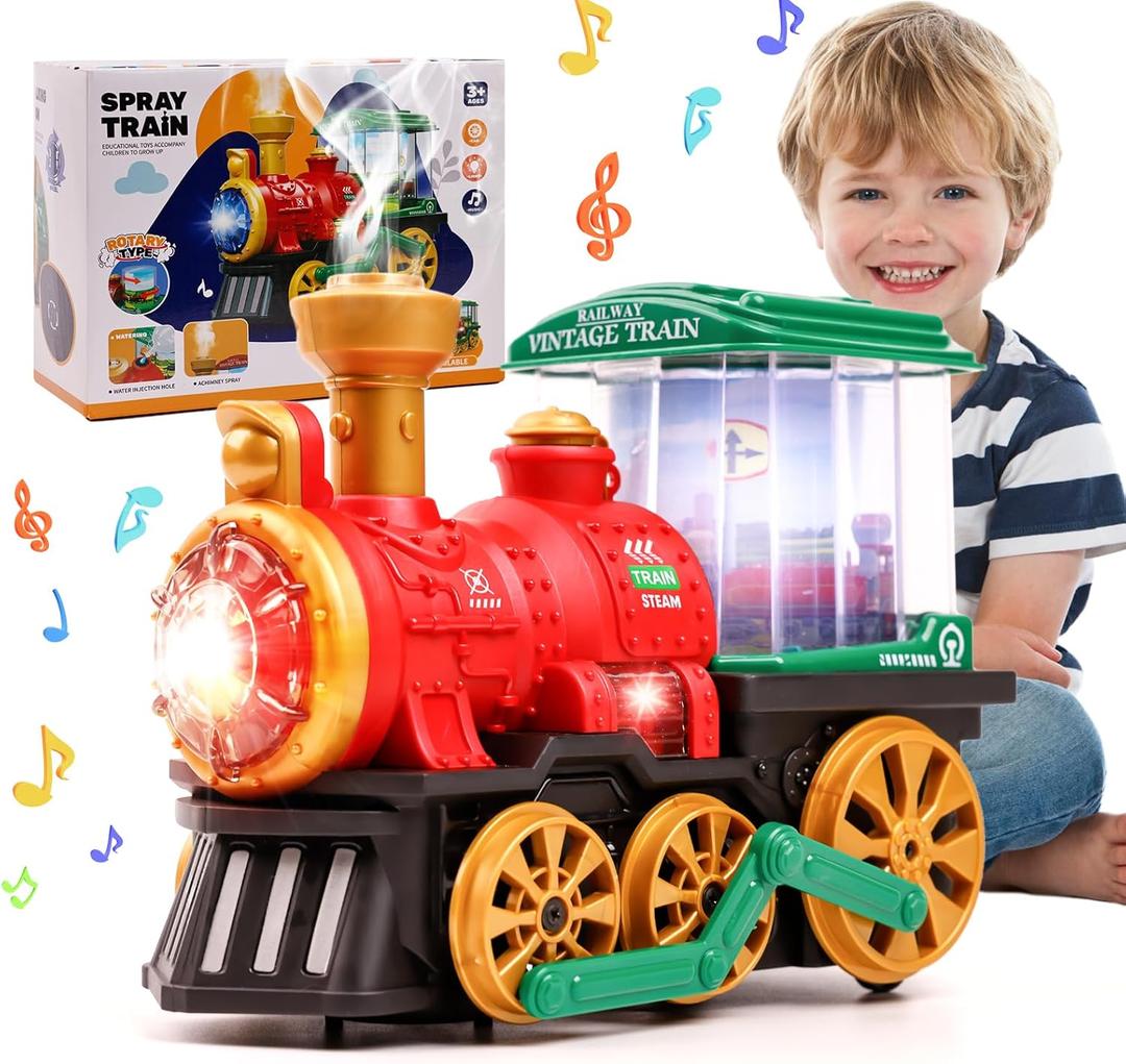 Electric Steam Train Toy for Toddlers 3-5, Bump and Go Truck w/ Steam Locomotive, Smoke, Light & Sound, 360 Rotation Christmas Train Truck Toys Birthday Gift for Toddler 1 3 4 5 6 Year Old Boys Girls Kids