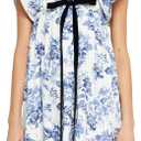 Womens Flower Bow Dress Deep V Neck Elegant Mini Dress Puffy Sleeve Boho Floral Bow Dress Flowy Dress