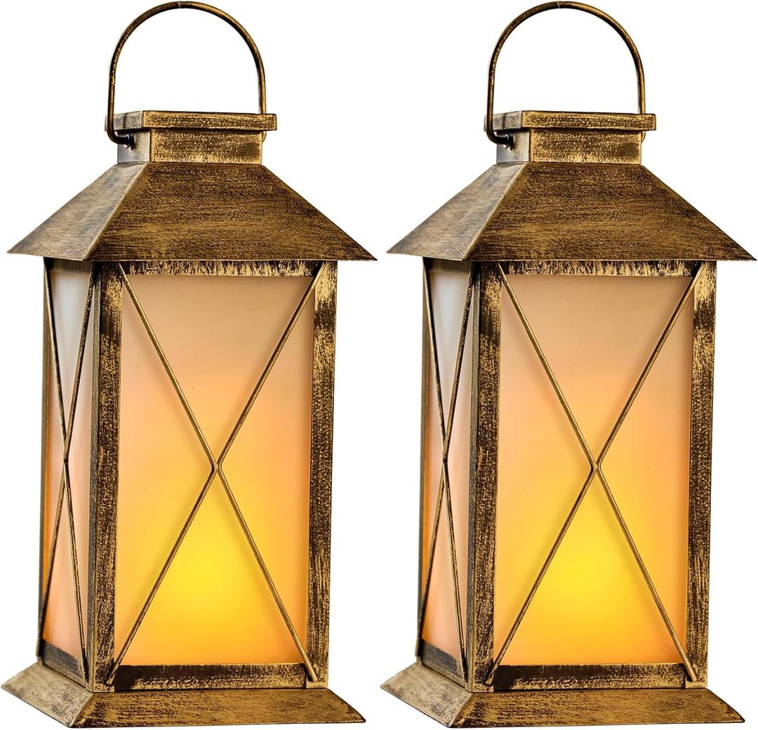 2 Pack Solar Lantern with Flickering Flame Candle, 13" Outdoor Waterproof Solar Lanterns Garden Decorative, Glass Hanging Lantern Metal for Outdoor Patio Yard Tabletop Decoration Mothers Day Gifts Mom