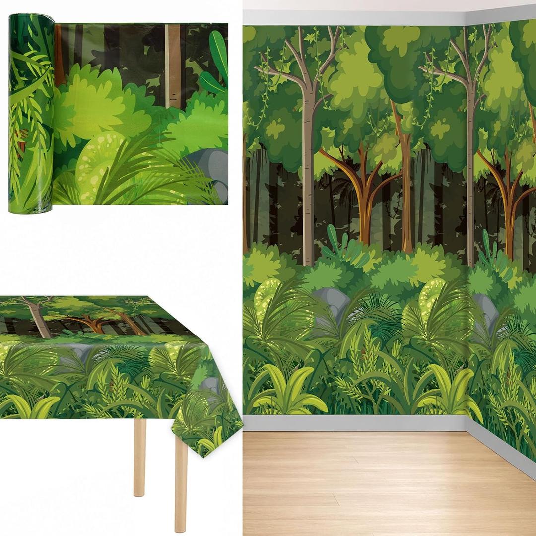 party greeting 54 Inch x 100 ft Rainforest Jungle Plastic Table Cover Roll Tablecloth Roll Tropical Greenery Table Cover for VBS 2026 Jungle Party Decorations Rainforest Greenery Background