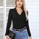 VICHYIE Womens Long Sleeve Shirts Lapel Collared V Neck Slim Fitted Ribbed Knit Trendy Tight Polo Tops (Black, M)
