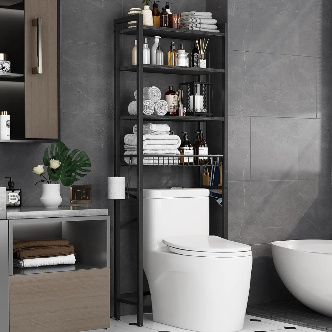 Over-The-Toilet Storage Rack, 4-Tier Bathroom Organizer Shelf Over Toilet with Adjustable Shelf and Basket, Freestanding Space Saver Bathroom Shelves Above Toilet for Room (Pure Black) (Pure Black)