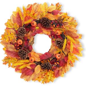 GarveeHome 24 in Fall Wreath for Front Door, Autumn Artificial Wreath with Pumpkins, Maple Leaves, Berries, Wheat for Front Door Indoor Outdoor Wall Halloween Thanksgiving Home Decor