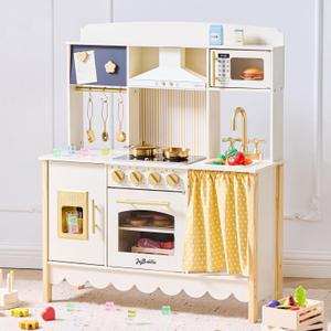 Wooden Play Kitchen for Toddlers, Modern Kids Kitchen Playset with Realistic Lights & Sounds, Toy Kitchen Set with 25 Pcs Accessories, Pretend Play for Girls & Boys Ages 3+, Cream White