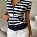 SweatyRocks Women's Slim Fit Zip Up Sweatshirts Collar Striped Short Sleeve Tops with Pockets (M)