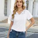 Uhiger Womens Boho Tops Short Sleeve Convertible V Neck Blouses Lace Trim Tassel Tie Front Flowy Chic Vacation Outfits (White, XXL)