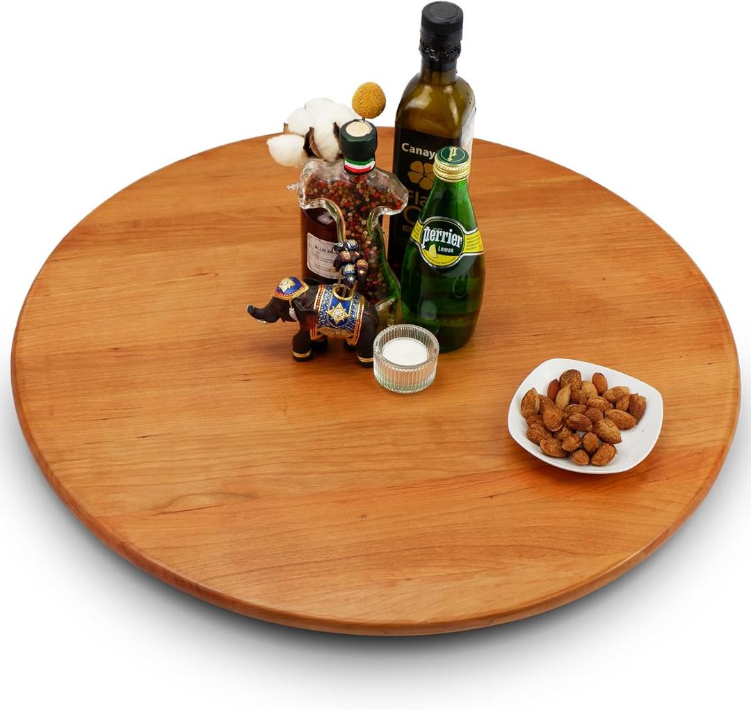 24 inches Cherry Wood Lazy Susan Organizer, Solid Wooden Round Turntable, Rotating Tray for Table Top/Counter Top