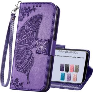 HAOTP for Samsung Galaxy A15 5G Phone Case Wallet,Women Flip Folio Cover Credit Card Holders Emboss Butterfly Flower PU Leather Purse Wrist Strap Kickstand Case for Samsung Galaxy A15 5G Purple