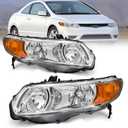 Compatible with 2006 2007 2008 2009 2010 2011 2-Door Civic Headlight Assembly for 06-11 Honda Civic 2-Door Coupe Clear Lens Chrome Housing with Amber Reflector Headlamp Replacement Pair