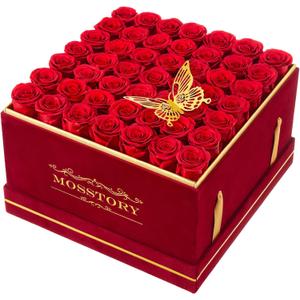 Mosstory Preserved Roses in a Box 49-Piece Forever Flowers Gifts for Women Wife Mother Day Christmas Anniversary (Red Roses, Square Burgundy Suede Box)