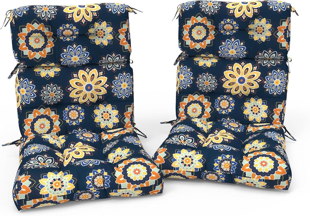 Outdoor High Back Patio Chair Cushions, Fade Resistant & Waterproof Tufted Seat and Back Cushions for Patio Furniture, Patio Chair Cushions 44x22 Inch, Set of 2, Bloom Medallion‌Cobalt, 44"x22"x4"